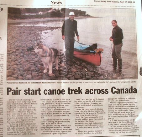 Comox Valley Echo:  Pair start canoe trek across Canada