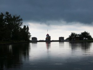 Approaching Peterborough lift lock just before a huge downpour.