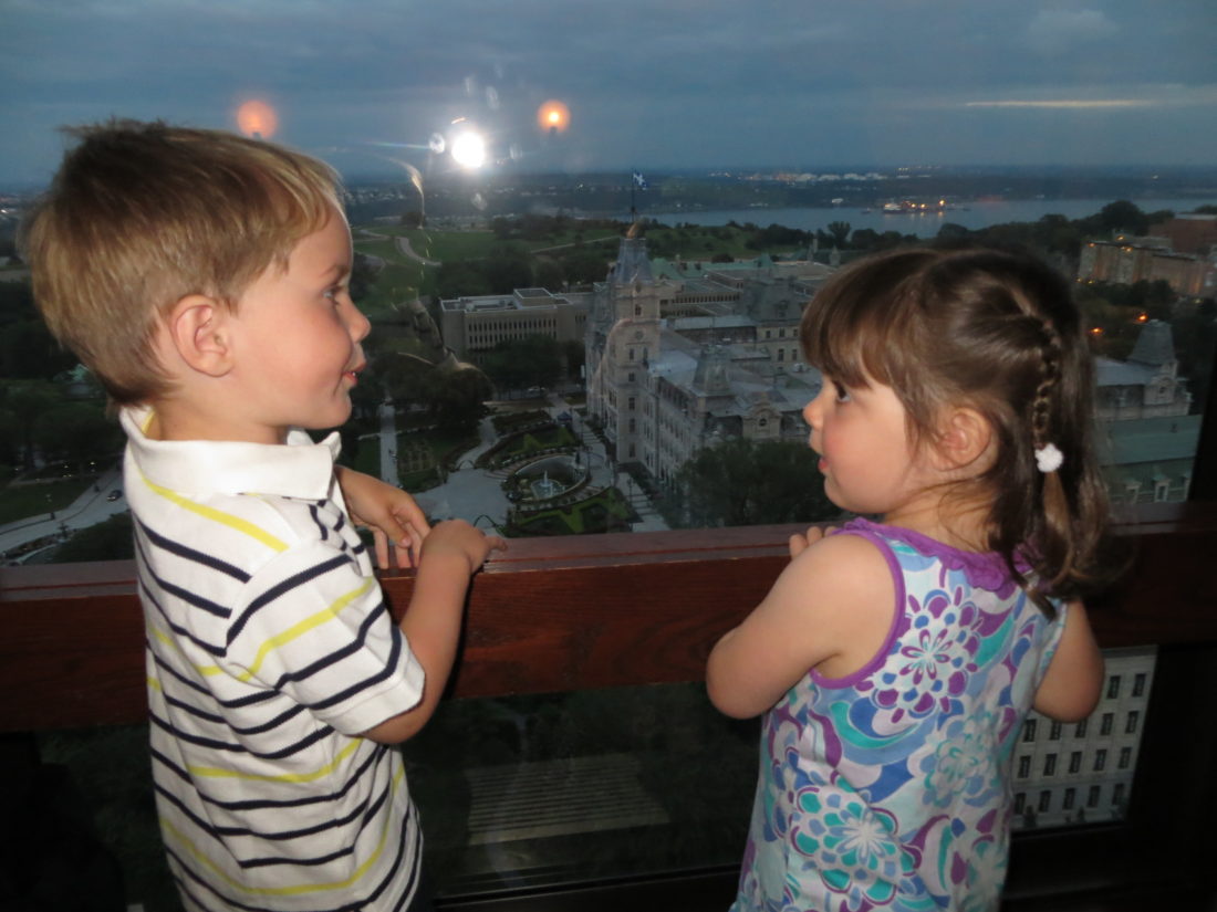 Jude and Alex are discussing the passing ships.  We chose this room because we had a view of the St. Lawrence, the Old City, Chateau Frontenac, and the Parliament Buildings.